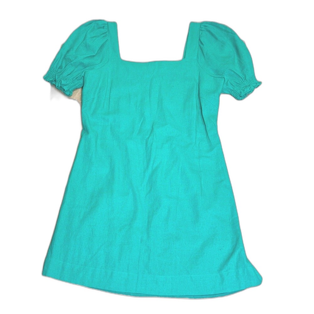 Draper James RSVP Linen Blend Puff Sleeve Mini Dress Green Square Neck S - Picture 2 of 7